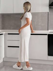 EURMUSE Women High Quality Viscose Fabric With Contrast Binding Detail Floral Pattern Short Sleeve Long Homewear Sleep Pajama Dress - White - View 2