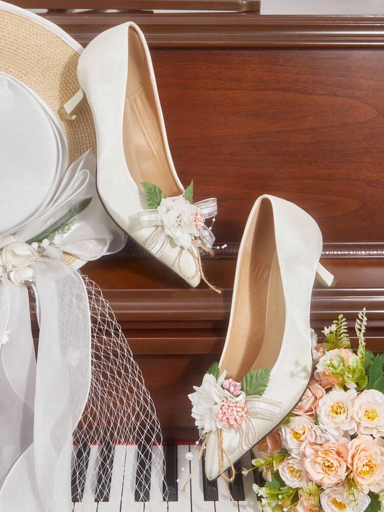 CUCCOO HITCHD Women's Elegant Floral Rose Bow Pearl Beaded Pointed Toe Kitten Heel Pumps, Romantic Vintage Style White Satin Dress Shoes, Bridal Wedding Party Heels For Christmas, New Year, Valentine's Day