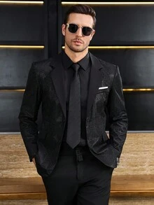 Manfinity AFTRDRK 男士卡其色梭织面料常规版型长袖翻领西装外套，适合送给男朋友/丈夫的礼物，老钱风格 - 黑色 - 查看 5