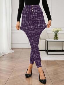 SHEIN Clasi Plaid Metal Buckle High Waist Skinny Pants - Purple - View 7