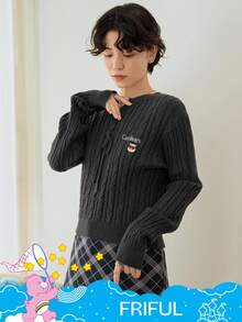 SHEIN X Care Bears FRIFUL Women's Casual Everyday Commute V-Neck Criss-Cross Tie Cartoon Embroidery Cable Knit Sweater