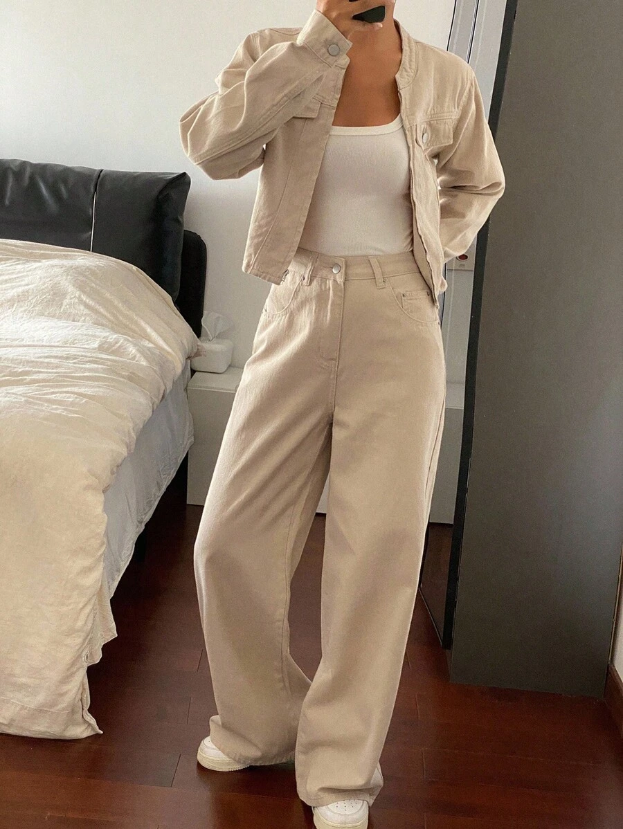 Livesso Conjunto de chaqueta holgada casual y jeans de pierna ancha para mujer, otoño