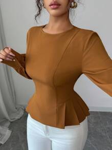 Elenzga 新款女式圆领长袖梭织面料后腰抽绳设计休闲百搭收腰修身优雅衬衫，春秋季女式上衣 - 棕色 - 查看 3