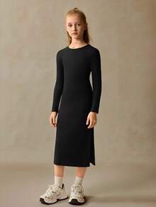 Vestido casual de manga larga negro para niñas preadolescentes, de moda y cómodo, para otoño/invierno - Negro - Ver 3