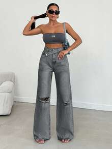 EURMUSE Casual Washed Distressed High Waist Wide Leg Jeans - Grey - View 8