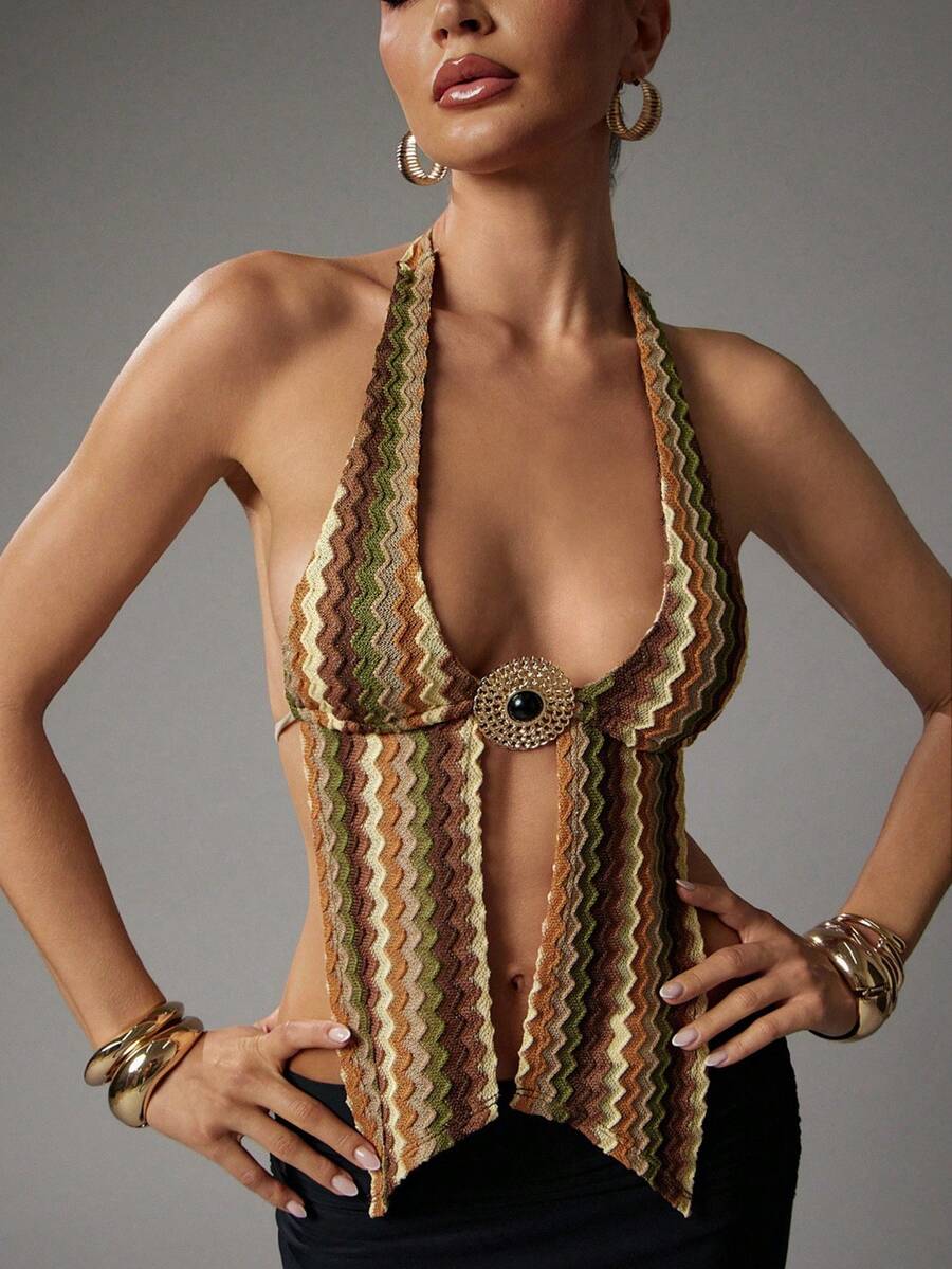 Hauture Women's Sexy Halter Backless Striped Tank Top, Summer - Multicolor - View 1