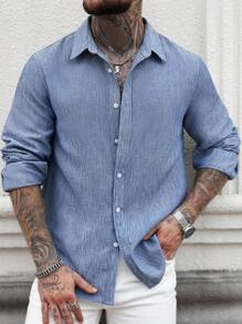 Manfinity CasualCool Men's Single-Breasted Casual Linen Long Sleeve Shirt Linen Men Shirt Men Linen Shirt Dusty Blue Shirt For Men Casual Men Shirt Blue Linen Shirt,Fall - Medium Wash - View 4