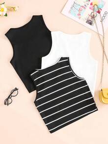 3件套青少年女孩休闲百搭条纹背心套装 - 彩色 - 查看 2
