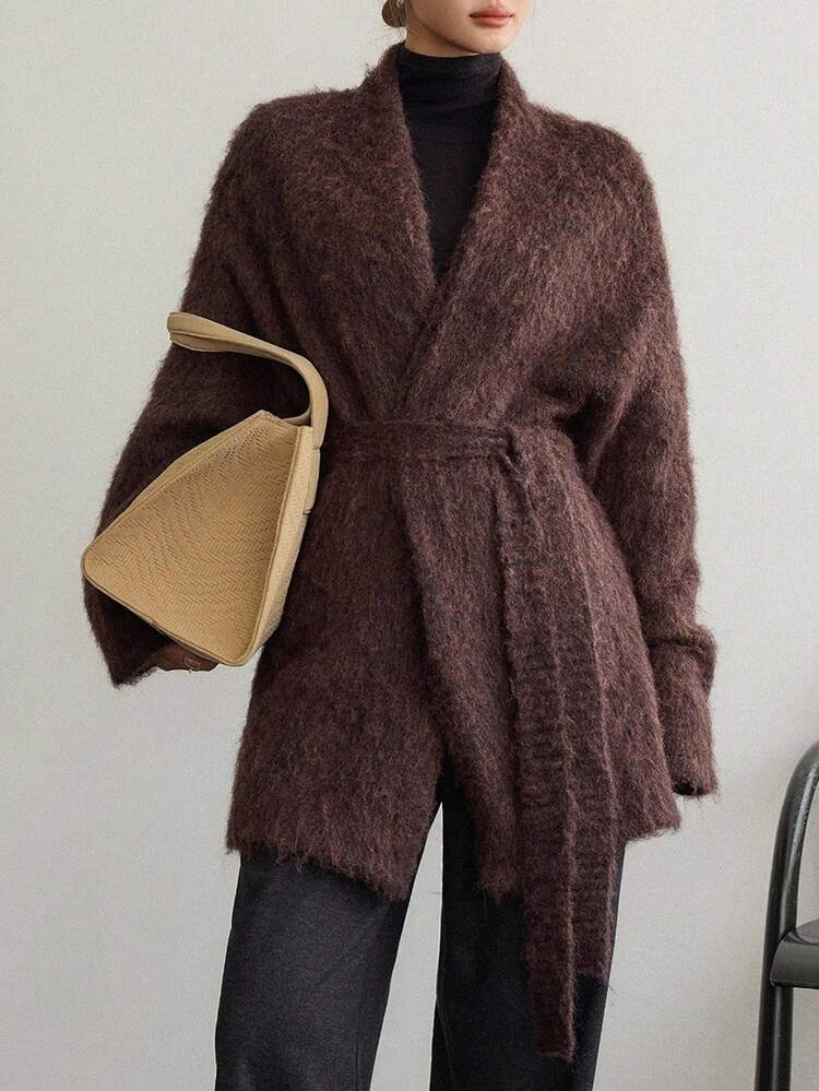 Women's Thick Fleece Loose Business Casual Tie-Up Cinched Waist Knit Cardigan, Suitable For Office Wear In Autumn & Winter