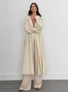 SHEIN Tall Áo khoác trench coat hai hàng khuy trơn màu dành cho nữ năm 2025, phong cách thường ngày, rộng rãi và thoải mái, phong cách unisex cho mùa thu/đông - Màu Khaki - Xem 8