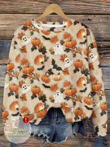 EMERY ROSE Halloween Casual Minimalist Pumpkin & Ghost Allover Print Plus Size Women Crew Neck Off Shoulder Loose Sweatshirt, Autumn/Winter, Halloween Costume Fall - Multicolor - View 1