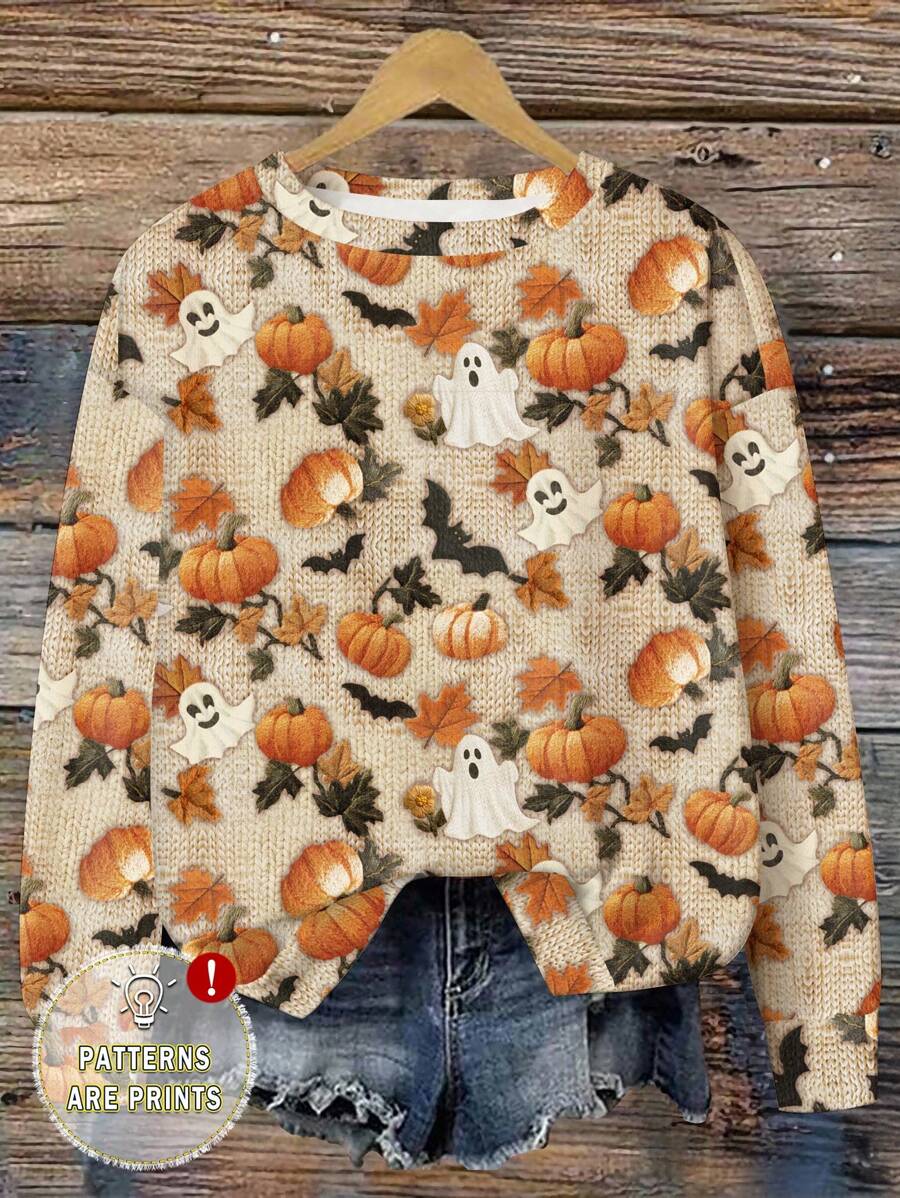 EMERY ROSE Halloween Casual Minimalist Pumpkin & Ghost Allover Print Plus Size Women Crew Neck Off Shoulder Loose Sweatshirt, Autumn/Winter, Halloween Costume Fall - Multicolor - View 1
