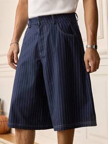 SWAVVY Pantalones capri casuales anchos de pierna suelta con bolsillo a rayas para hombres - Azul - Ver 5