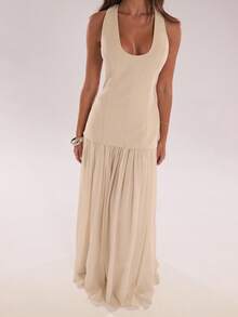 SHEIN BAE Autumn Women's Fashionable Casual Sleeveless Maxi Dress, Elegant Maxi Dress, Elegant Party Dress, Pleated Maxi Dress