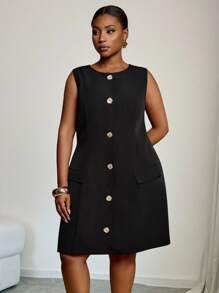 Slaydiva Plus Size Women Elegant Black Sleeveless Dress With Golden Buttons,Semi Formal Summer Bohemian Beach Music Festival,Business Casual Wedding Guest - Black - View 1