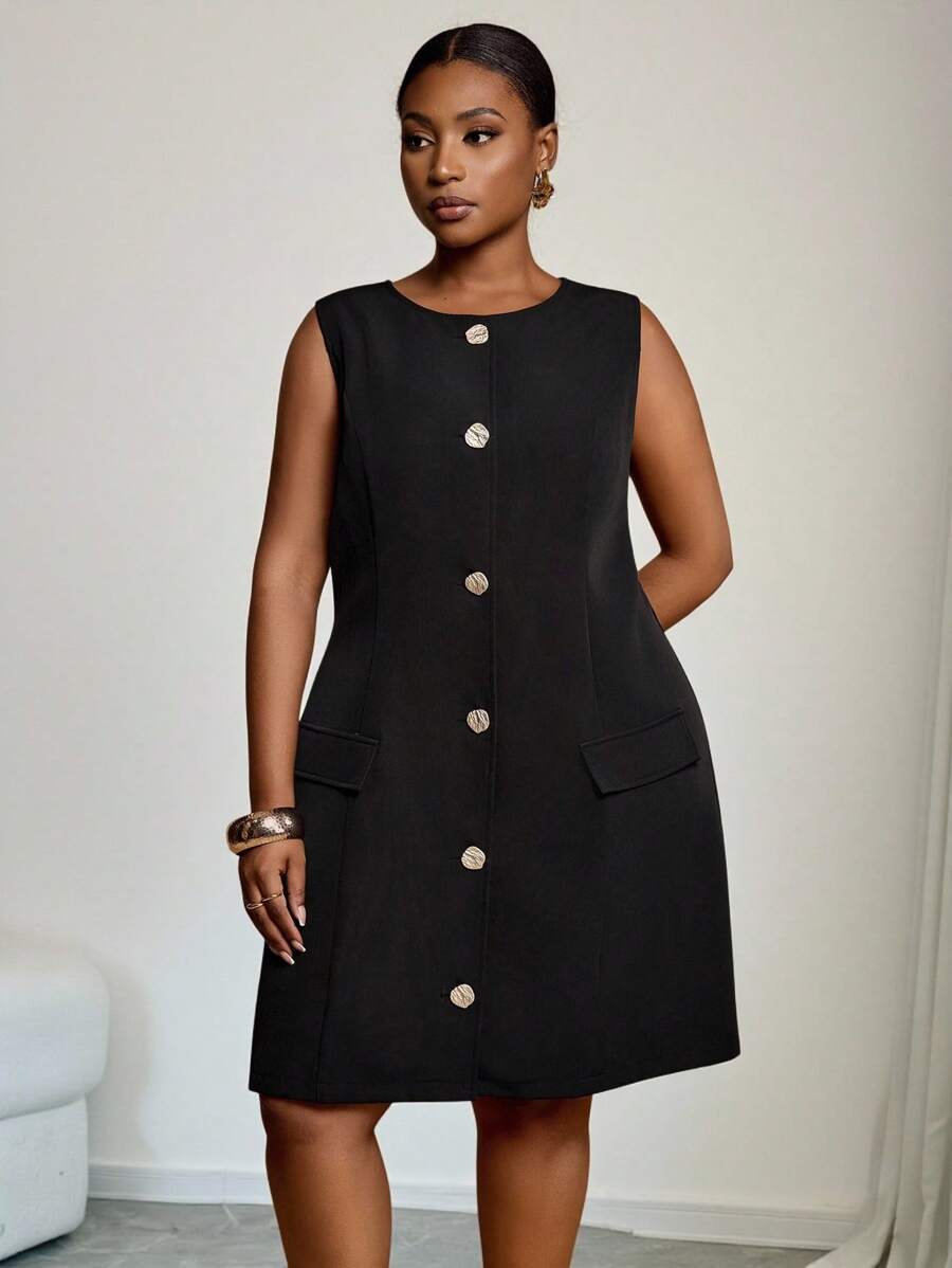 Slaydiva Plus Size Women Elegant Black Sleeveless Dress With Golden Buttons,Semi Formal Summer Bohemian Beach Music Festival,Business Casual Wedding Guest - Black - View 1