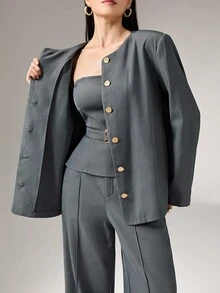 Heiryn Minimalist Round Neck High-Quality Dark Grey Women's Blazer, Suitable For Commuting In Fall/Winter - Dark Grey - View 6