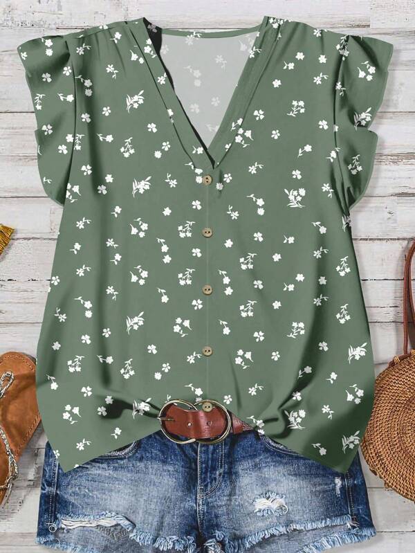 EMERY ROSE Women's Casual Floral Pattern V-Neck Blouse, Suitable For Summer V Neck Blouses For Women Floral Blouses For Women Fall Clothes For Women Chic Blouses For Women