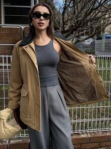 DAZY 女式轻便户外风衣外套，厚实拼色抽绳腰部休闲街头风格立领棉质外套，秋冬 - 棕色 - 查看 6