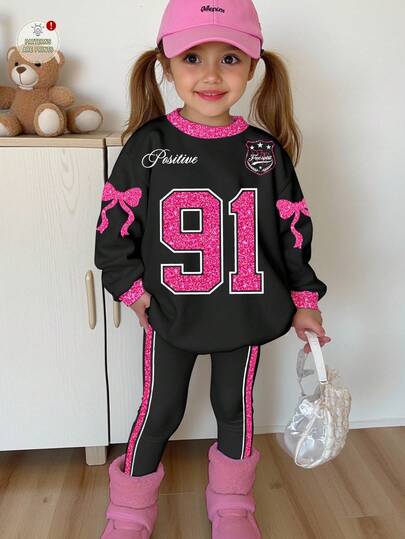 SHEIN 2pcs/Set Young Girl Casual Chic Sports Jersey Style, Number 91, English, Bow Decor, School Back, Minimalist Crew Neck Long Sleeve Sweatshirt And Leggings, Suitable For Autumn/Winter Fall