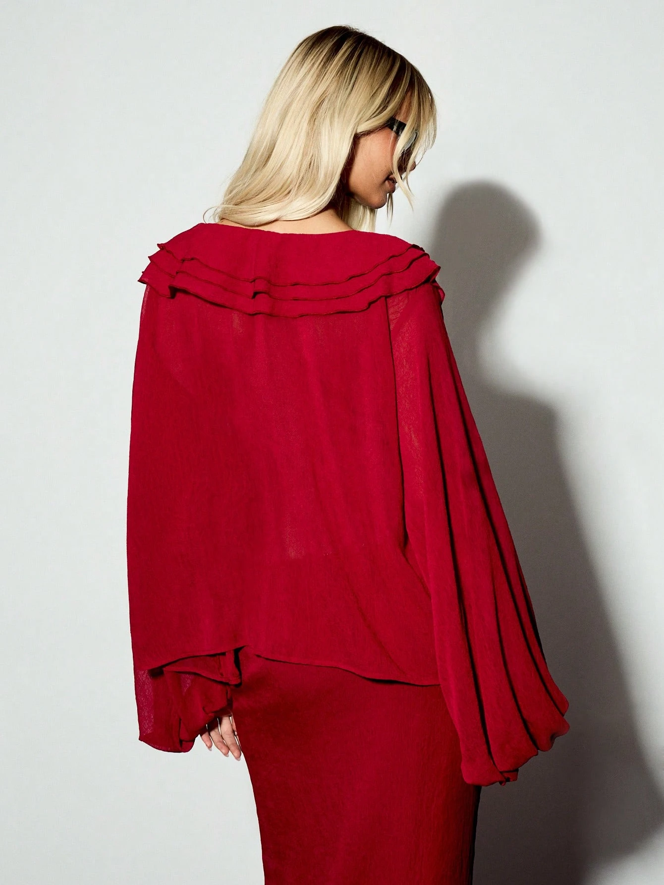 KIZN Crinkle Chiffon Ruffle Lace Up Victorian Style Lantern Sleeve Blouse