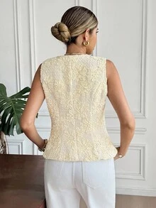 SHEIN Frenchy Women's Bright Yellow Summer Elegant Tea Party Round Neck 3D Floral Single-Breasted Vest Jacket,European Retro Heavy Industry Chic Autumn Business - Apricot - View 2