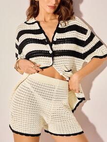 CAJUNI 女士撞色镂空针织上衣 - 黑與白 - 查看 3