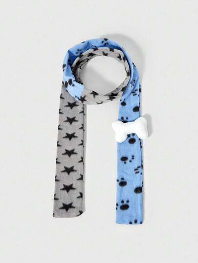 Anime Patchwork Star & Paw Print Pattern Adjustable Bone Decor Warm Scarf, Fashion Versatile Unisex Accessory For Autumn/Winter