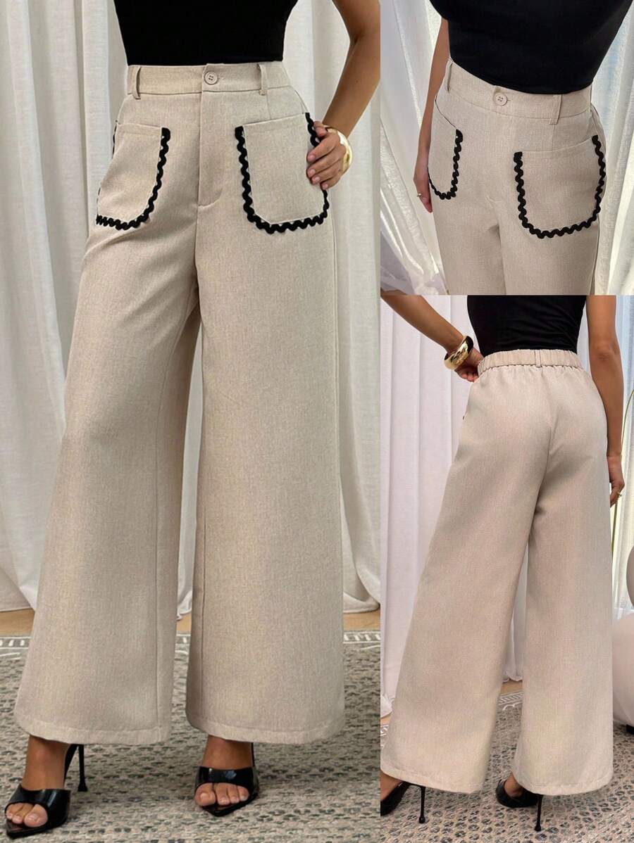 Lavishia Women's Patchwork Wavy Ribbon Pocket Wide Leg Loose Casual Pants - Apricot - View 1