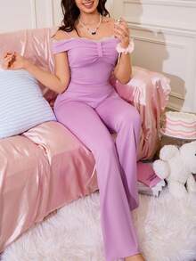 蕾丝拼布蝴蝶结单肩吊带背心女士睡衣套装 - 淡紫色 - 查看 4