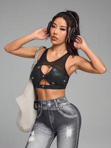 Innovista Stylish Sexy & High-Stretch Glittery Shiny Sports Bra For Gym Lounge And Night Out Premium Soft Material With Removable Pads And Adjustable Straps Comfortable Medium-Support Fit Versatile Workout Clothing -Ready Activewear With Firm Breathable Support Metallic Animal Shimmer Training Tops Daily Gala Night - Black - View 6