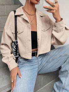 SHEIN Tween Girls Fashion Street Wear Solid Woven Corduroy Drop Shoulder Lapel Pocket Jacket, Suitable For Casual Outings, Back To School, Y2K, Tween Jacket, Cropped Jacket, Teen Girls Jacket, Corduroy Jacket, Cute Jacket Girls,In Fall/Winter