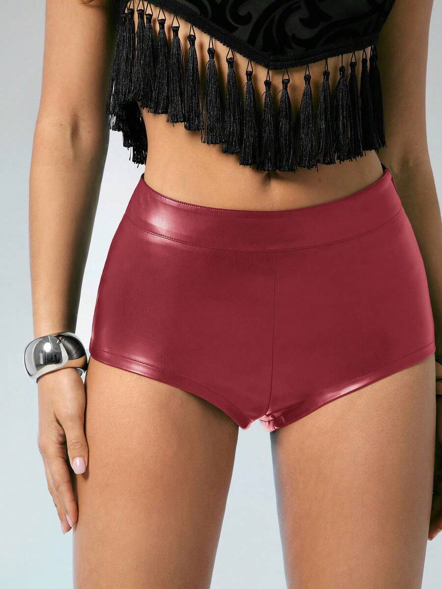 Denimoi Quần short dự tiệc giả da siêu nhỏ, vừa vặn - Đỏ - Xem 1