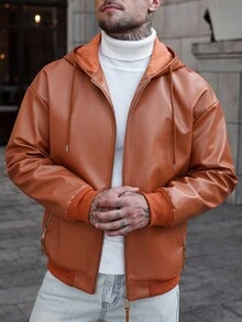 Manfinity CasualCool Men's Autumn Solid Color PU Leather Hooded Jacket,Burnt Orange Streetwear Bomber Coat,Hiking Outdoor Warm Zip Front Drawstring Long Sleeve Clothing - Brown - View 7