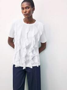 Maija Women's Solid Color Ruffle Collar Casual Versatile Short Sleeve T-Shirt Going Out Tops For Women Casual Blouses For Ladies White Top - White - View 2