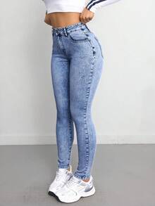 SHEIN Tall CURVE 大码女款蓝色牛仔弹力紧身裤 - 中等水洗藍 - 查看 4