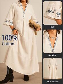 Freevana Plus Size Apricot Casual Four-Layer Dress, 3/4 Sleeves V-Neck Long Cotton Dress, Embroidered Dress, Embroidered Decorative Flared Cuffs, Waist-Length Dress, Date Evening Dress