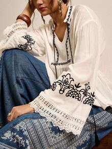 Freevana Plus Size Women's Floral Print Drop Shoulder Long Sleeve Lace Patchwork Loose Fashion Blouse White Boho Top Peasant Blouse Going Out Tops Fall Women Clothes Western Vintage Back To School