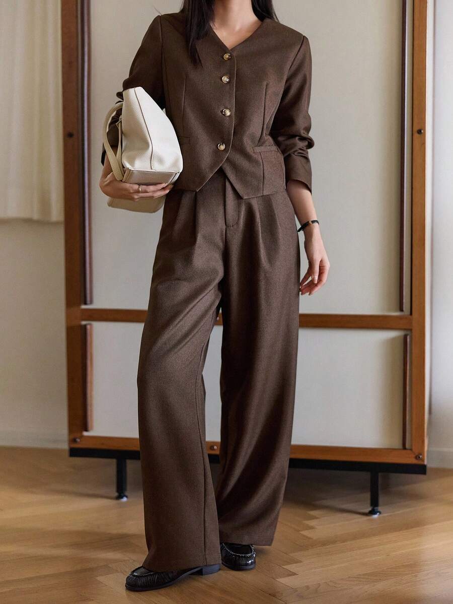 DAZY 女士V领短开衫和直筒裤两件套休闲家居服套装