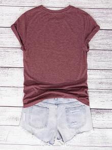 INAWLY Tricou damă cu mânecă scurtă și imprimeu cu inimă, guler rotund, stil casual, stil obișnuit - Lemn rosu - Vizualizare 2