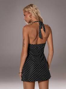 TRNVIE 1 件女式迷你连衣裙，黑色 V 领浪漫波尔卡圆点腰部收紧，适合日常、通勤、休闲和约会场合，秋冬