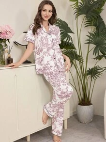Serenescape Chinese Style Portrait Landscape Print Short Sleeve Pajama Set With Turndown Collar - Pink - View 6