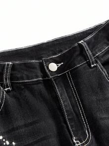 Shutterstock Y2Kool 女士十字绣水钻做旧牛仔裤，秋冬街头风，万圣节，Y2K风格牛仔裤，十字绣牛仔裤，印花牛仔裤，水钻牛仔裤，喇叭牛仔裤，搭配建议，休闲时尚服装系列，新年穿搭，棉质 - 黑色 - 查看 3