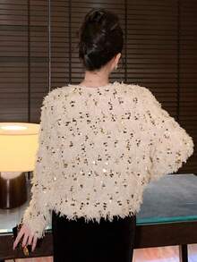 DAZY 亮片装饰宽松长袖上衣，独特设计，适合秋冬季 - 杏色 - 查看 2