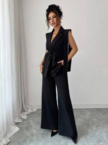 Elenzga 喇叭袖设计翻领背心套装搭配阔腿裤 - 黑色 - 查看 7