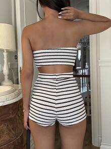 Ronhire Conjunto de 2 piezas con top corto a rayas y shorts de cintura alta para mujeres, apto para vacaciones, citas, el té de la tarde, playa, crucero, viajes a la ciudad, festivales de música, estilo bohemio