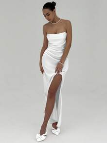 Aloruh 女士纯色垂褶开衩超长抹胸连衣裙 - 白色 - 查看 4