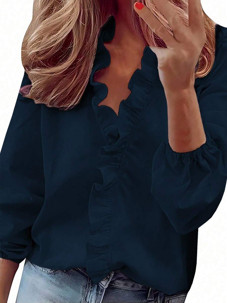EMERY ROSE Women's Casual Commuter Solid Color Ruffle Lantern Sleeve Blouse - Navy Blue - View 1
