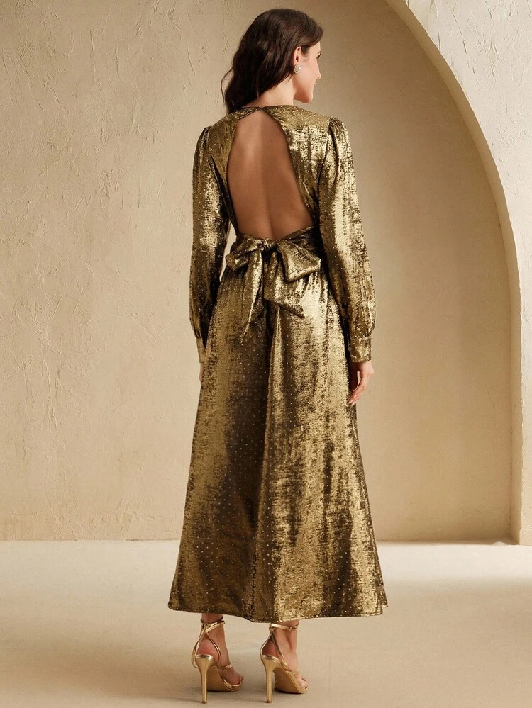 Women's Elegant Romantic Date/Commute Backless Tie Strap Metallic Gold V-Neck Cinched Waist Lantern Sleeve Long Sleeve Rhinestone Maxi Dress, New Year Clothes, Party Dress, Graduation Dress