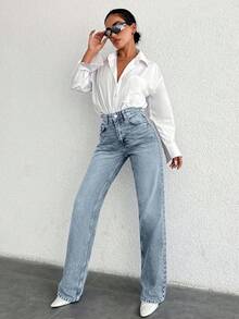 SHEIN Tall Quần jean ống đứng cạp cao 100% cotton CAO - Màu xanh nhạt - Xem 3